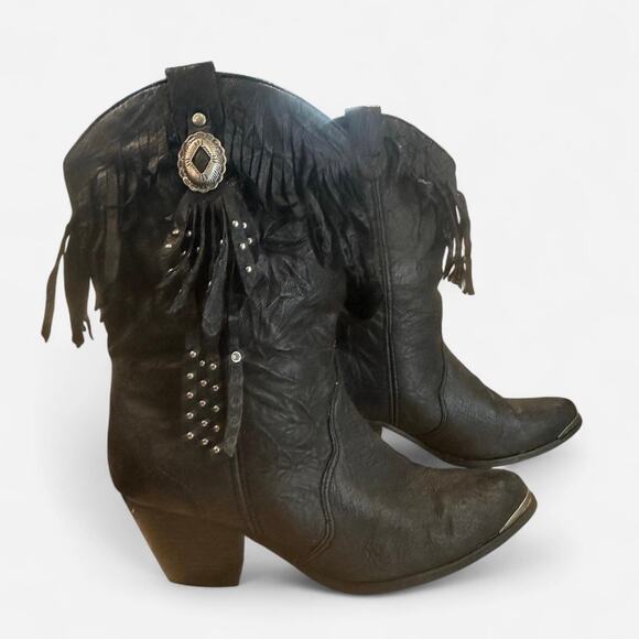 Vintage American West Black Leather Fringe Western Cowgirl Boots Size 8 - Picture 2 of 7